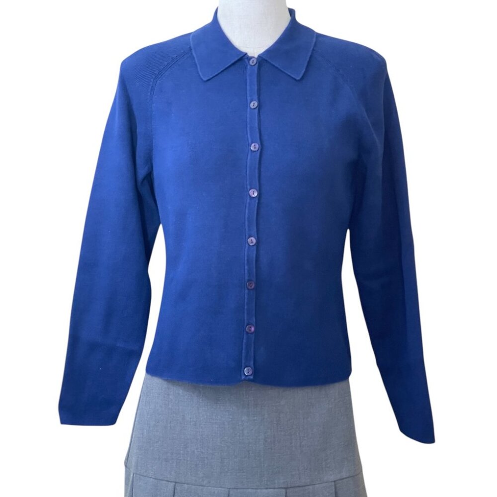 Vtg Talbots Navy Blue Button Down Polo Collar Short Waisted Sweater Top Size XS